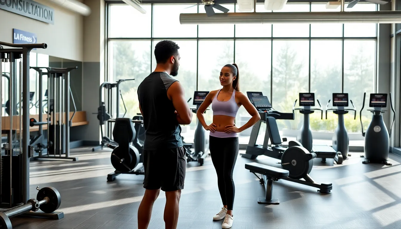 trainer assisting a client in a modern fitness studio.