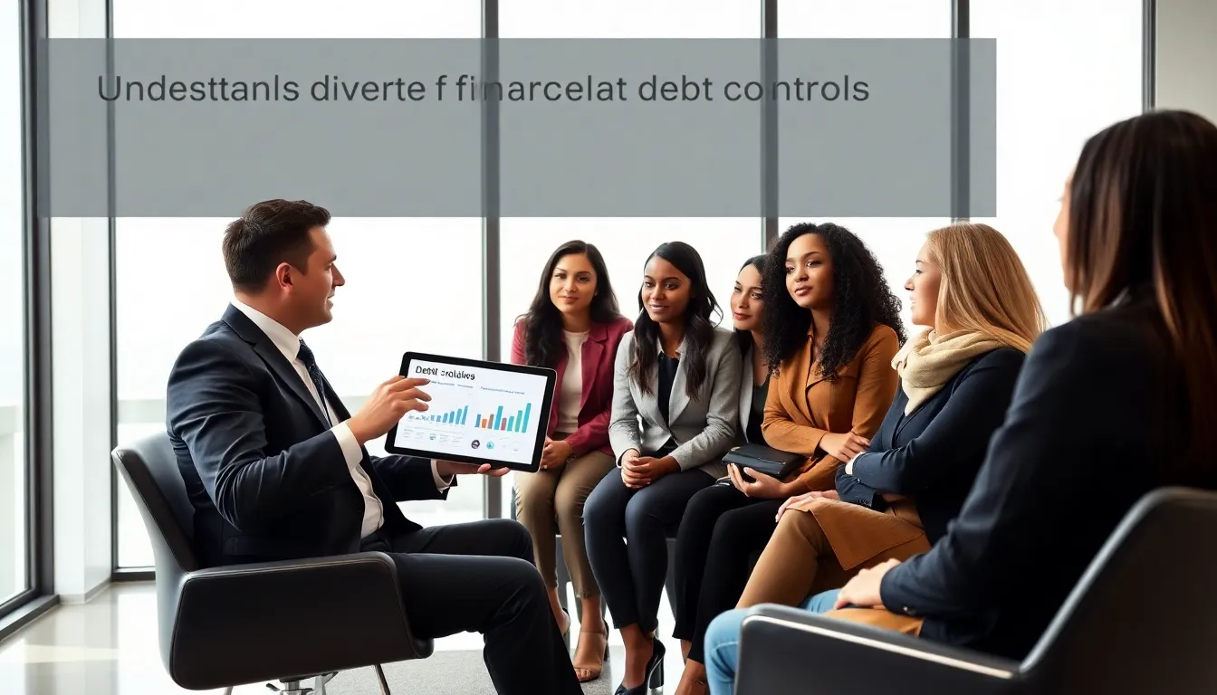 financial consultant discussing debt solutions with a diverse group in a modern office.