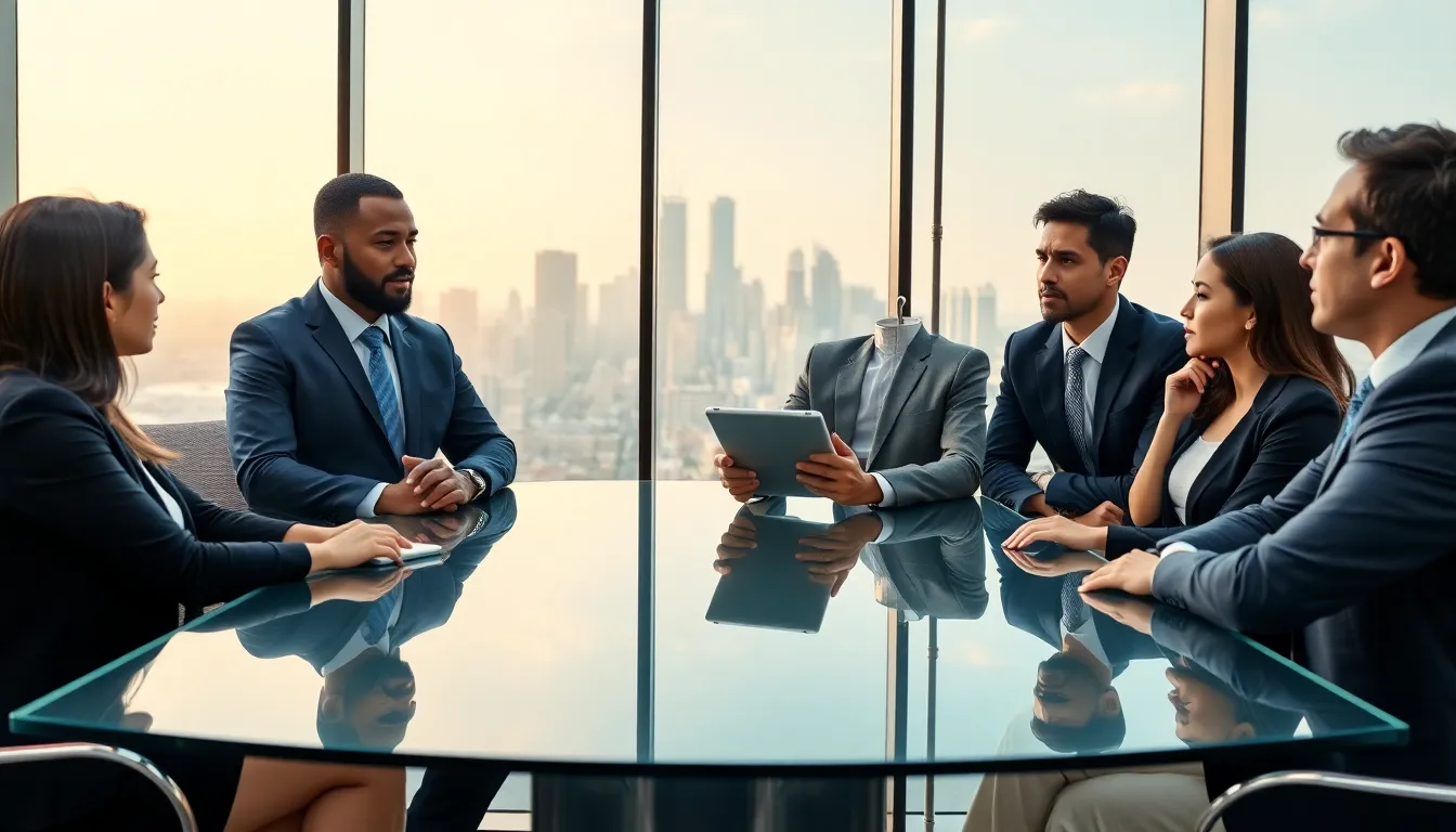 diverse professionals discussing in a modern office setting.