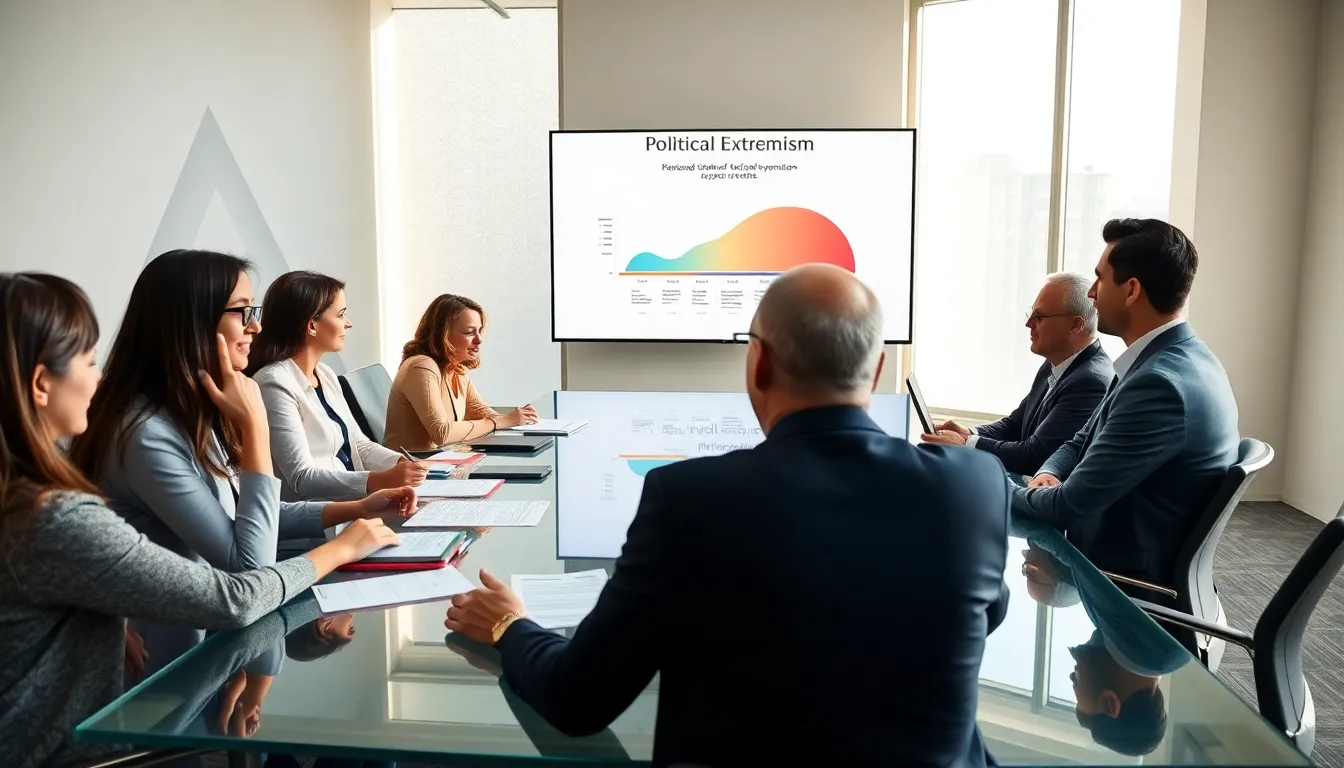 diverse group discussing political extremism in a modern conference room.