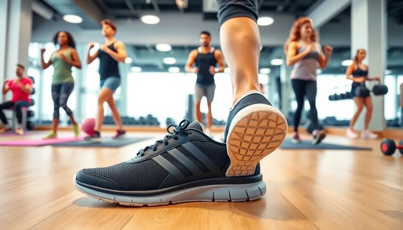 diverse group working out in fitness training shoes in a gym.