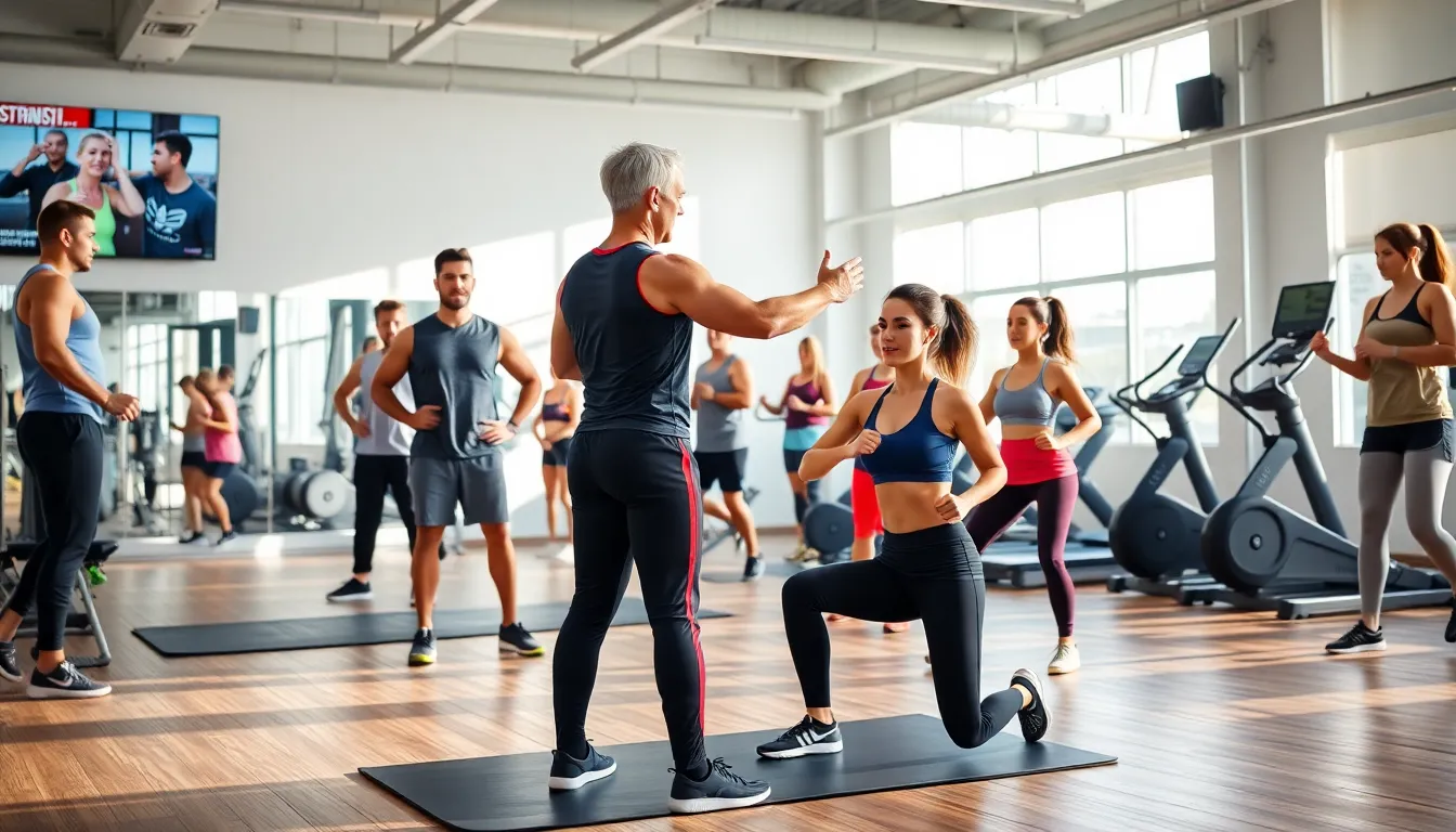diverse group training in a modern gym setting.