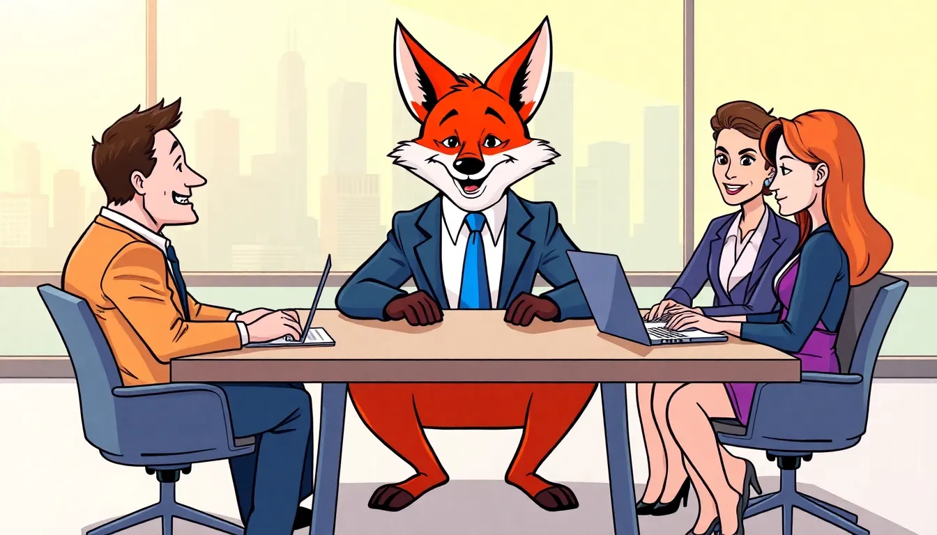 animated fox in a suit at a conference table with diverse professionals.
