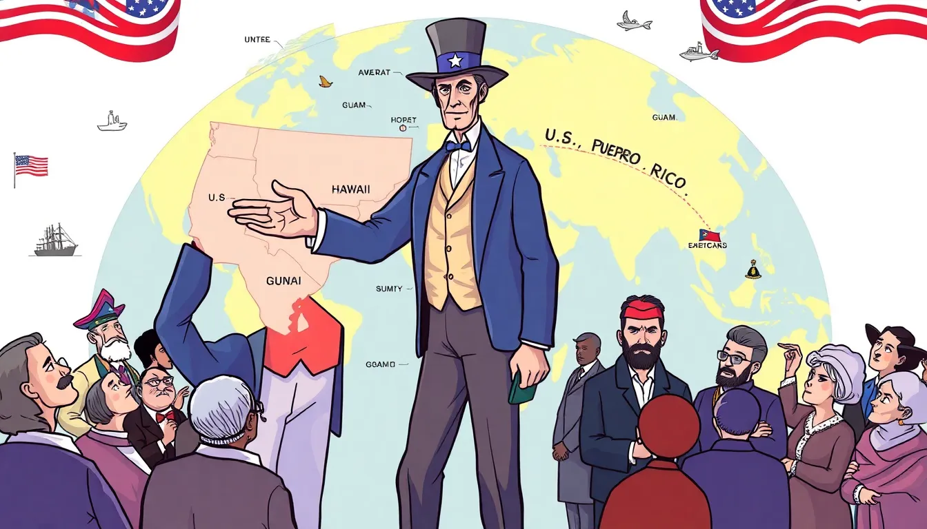political cartoon depicting American imperialism with the U.S. extending influence globally.