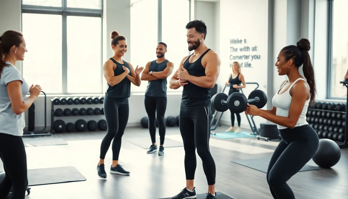 diverse group engaging in personal training in a modern fitness studio.