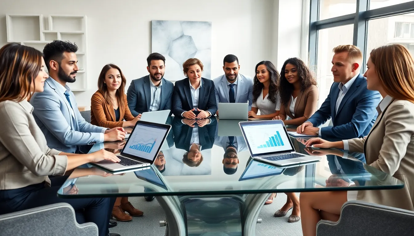 diverse team discussing debt solutions around a conference table.