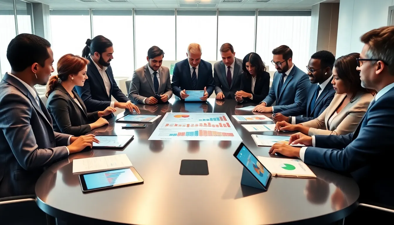 diverse professionals discussing political change in a modern office.