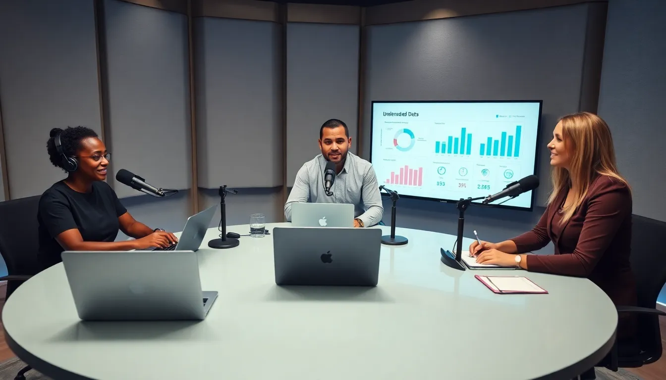 diverse team discussing unbiased political topics in a modern podcast studio.